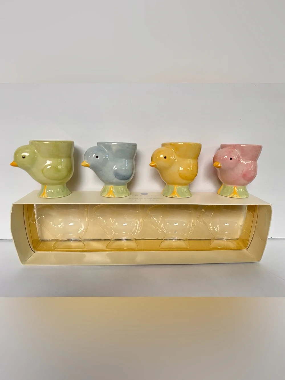 Pottery Barn Set of 4 Easter Chick Egg Cups Iridescent Ceramic Glaze Multicolor